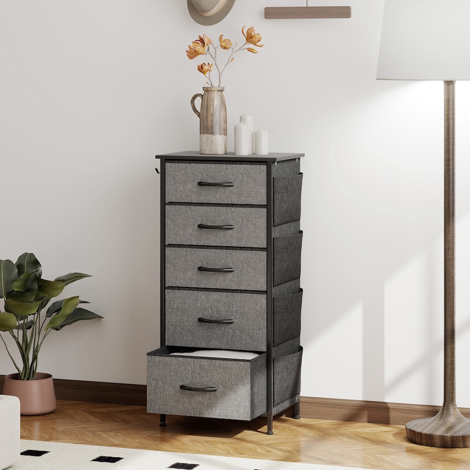 image 1 of HOMCOM Chest of Drawers, Dresser for Bedroom with 5 Fabric Drawers, Tall Storage Unit with 4 Pockets, 2 Hooks and Steel Frame for Living Room, Hallway, Charcoal Grey | Grey | Charcoal grey