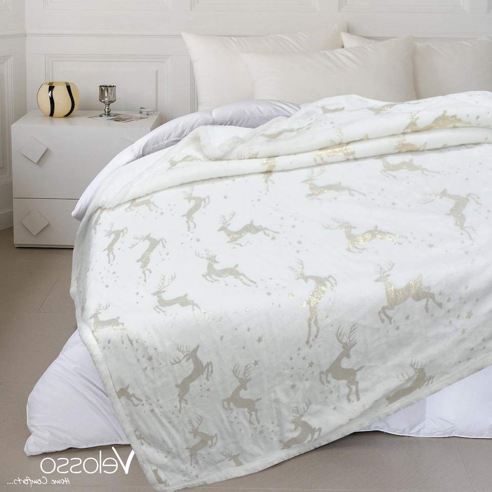 image 1 of Velosso Reindeer Foil Printed Sherpa Reverse Throw Blanket