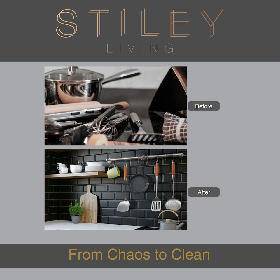 image 1 of Stiley Living Kitchen Utensil Rail, Wall Mounted Storage with S Hooks