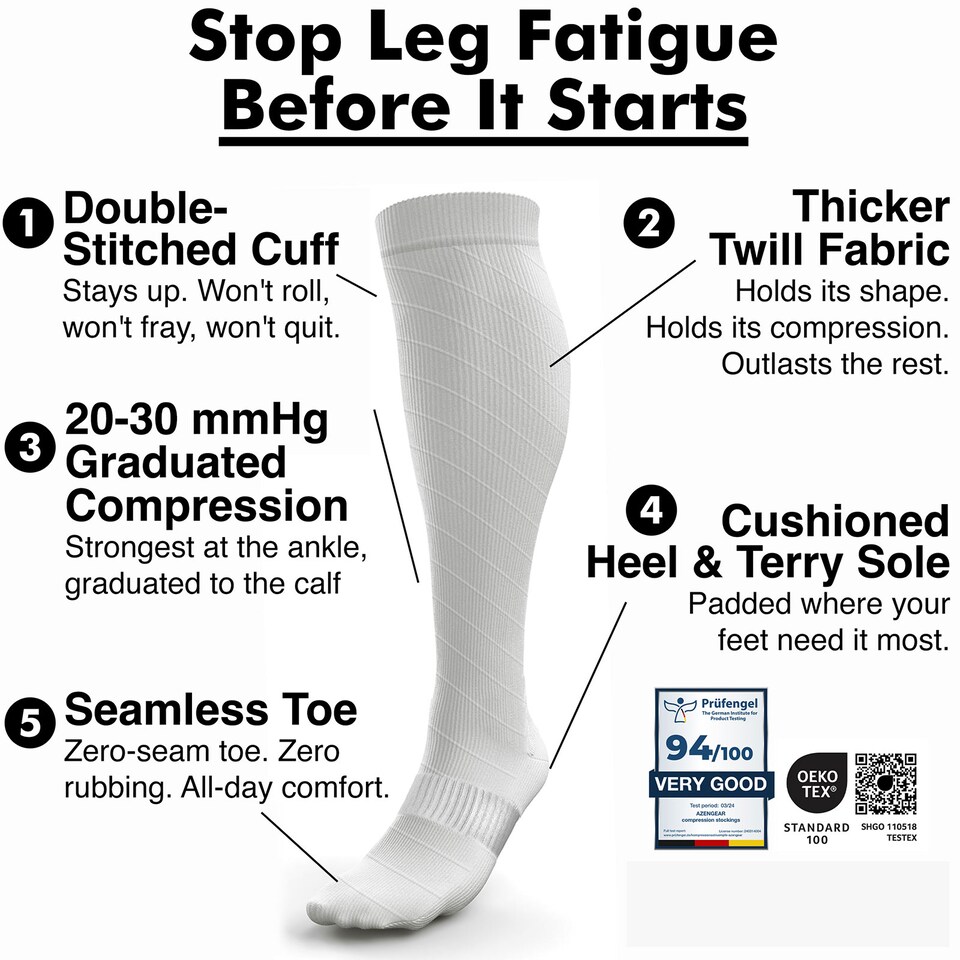 image 1 of aZengear Compression Socks for Women & Men (20-30 mmHg) Knee-High Flight Socks, Calf Support for Travel, Running - Seamless Toe, Padded Heel and Sole
