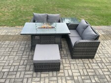 Fimous Rattan Garden Furniture Set with Gas Fire Pit Table 5 Pieces Outdoor Loveseat Sofa Set Dark Grey Mixed