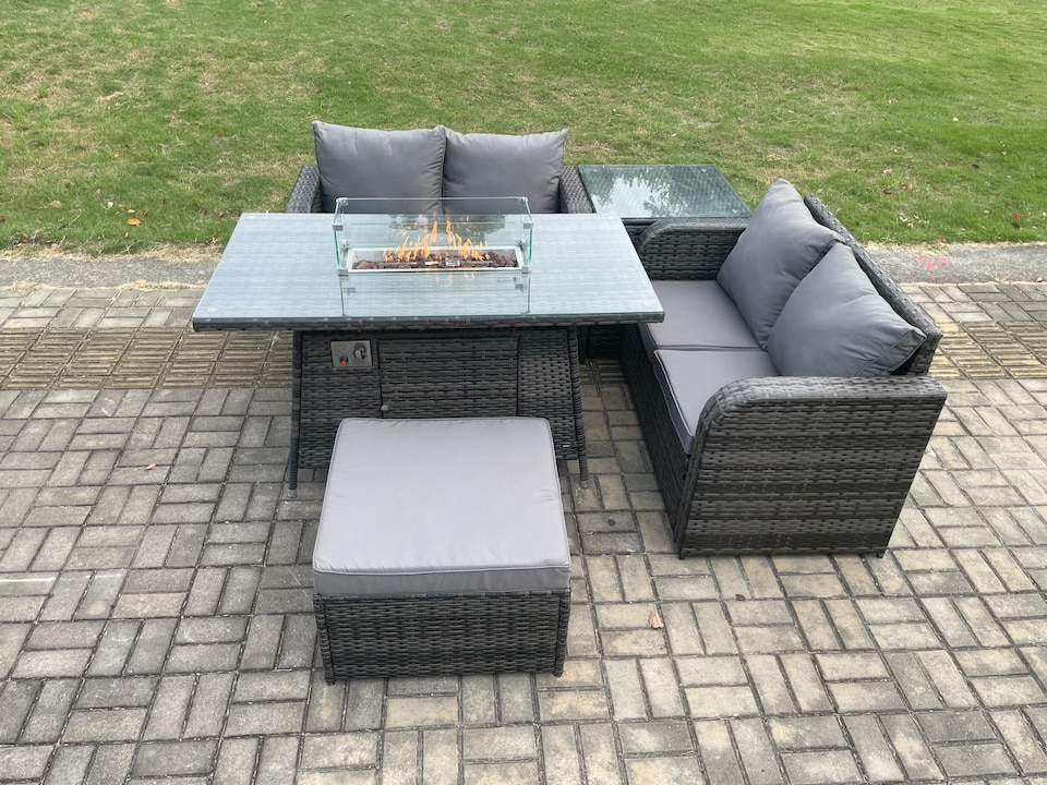 image 1 of Fimous Rattan Garden Furniture Set with Gas Fire Pit Table 5 Pieces Outdoor Loveseat Sofa Set Dark Grey Mixed
