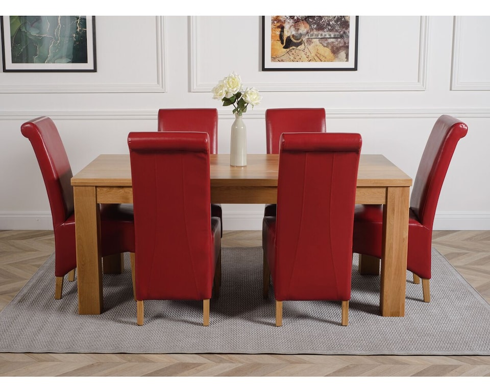 image 1 of Dakota 182 x 92cm Oak Large Dining Table and 6 Montana Leather Chairs | Red | Red