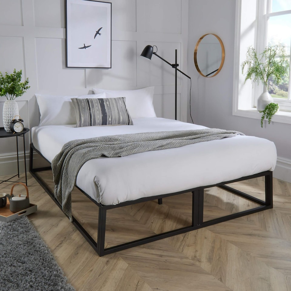 image 1 of 4ft Small Double Platform Bed Slatted Support Contemporary Black Metal Frame