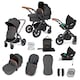image 1 of Stomp Luxe 12pc Travel System with Cirrus i-Size Car Seat & ISOFIX Base, Carrycot, Reversible Seat, Rain Cover & More (Black/Charcoal Grey/Tan)