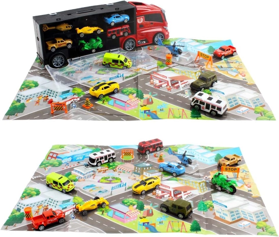 image 1 of Transporter Truck Carrycase Play Set with 12 Vehicles, Accessories & Play Map – Portable Toy for Kids