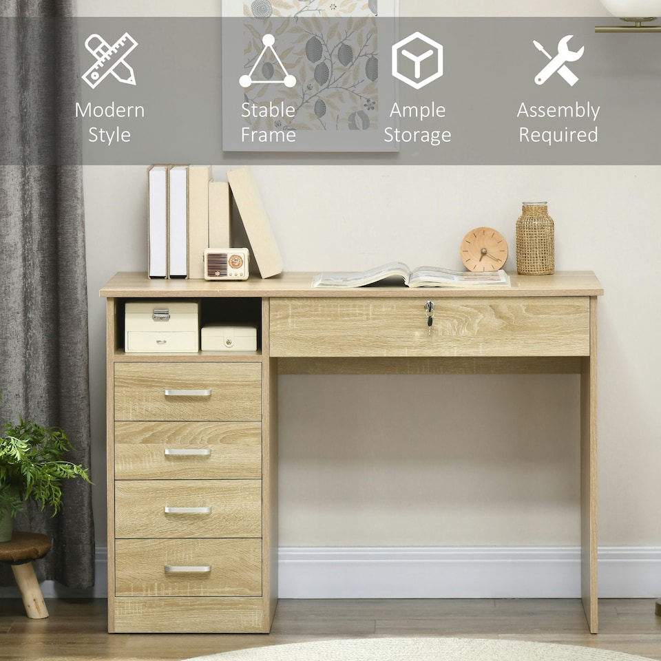 image 1 of HOMCOM Computer Desk Writing Desk with Five Drawers for Home Office Oak