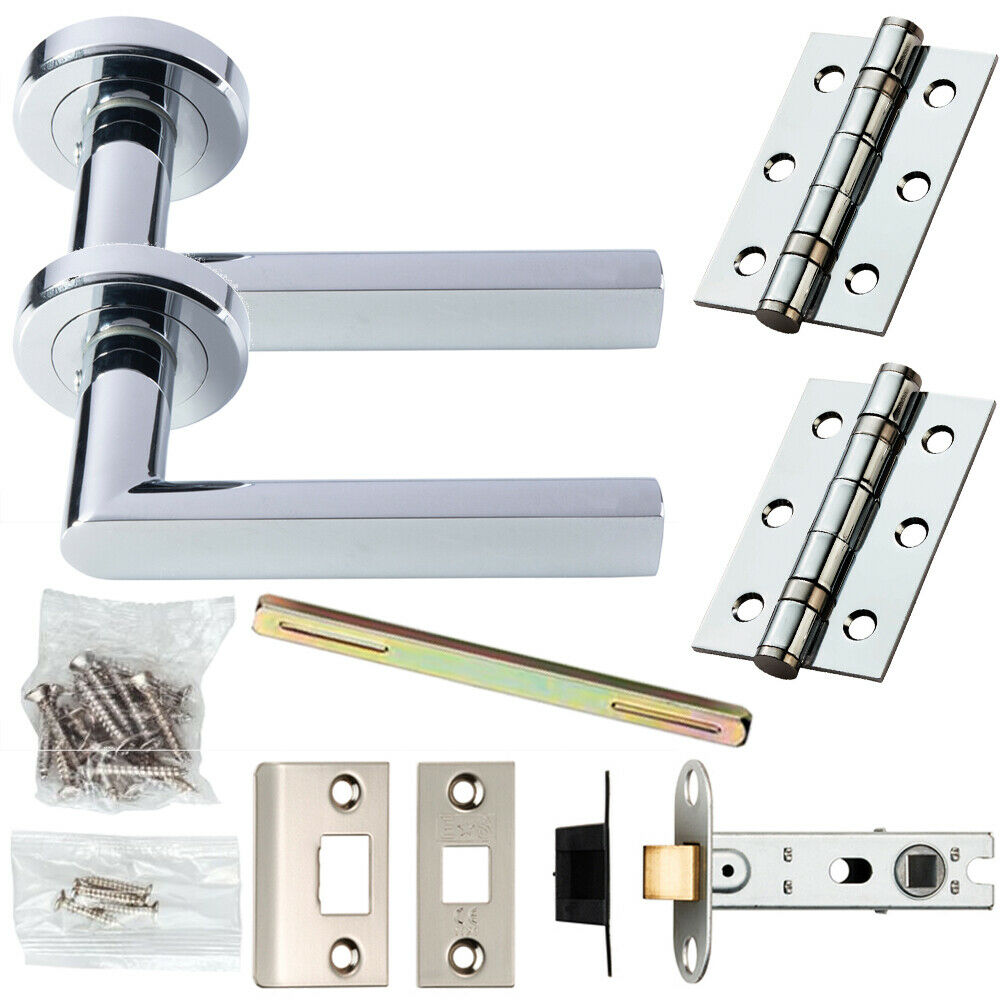 Loops Door Handle & Latch Pack Chrome Modern Flat Square Bar on Screwless Round Rose