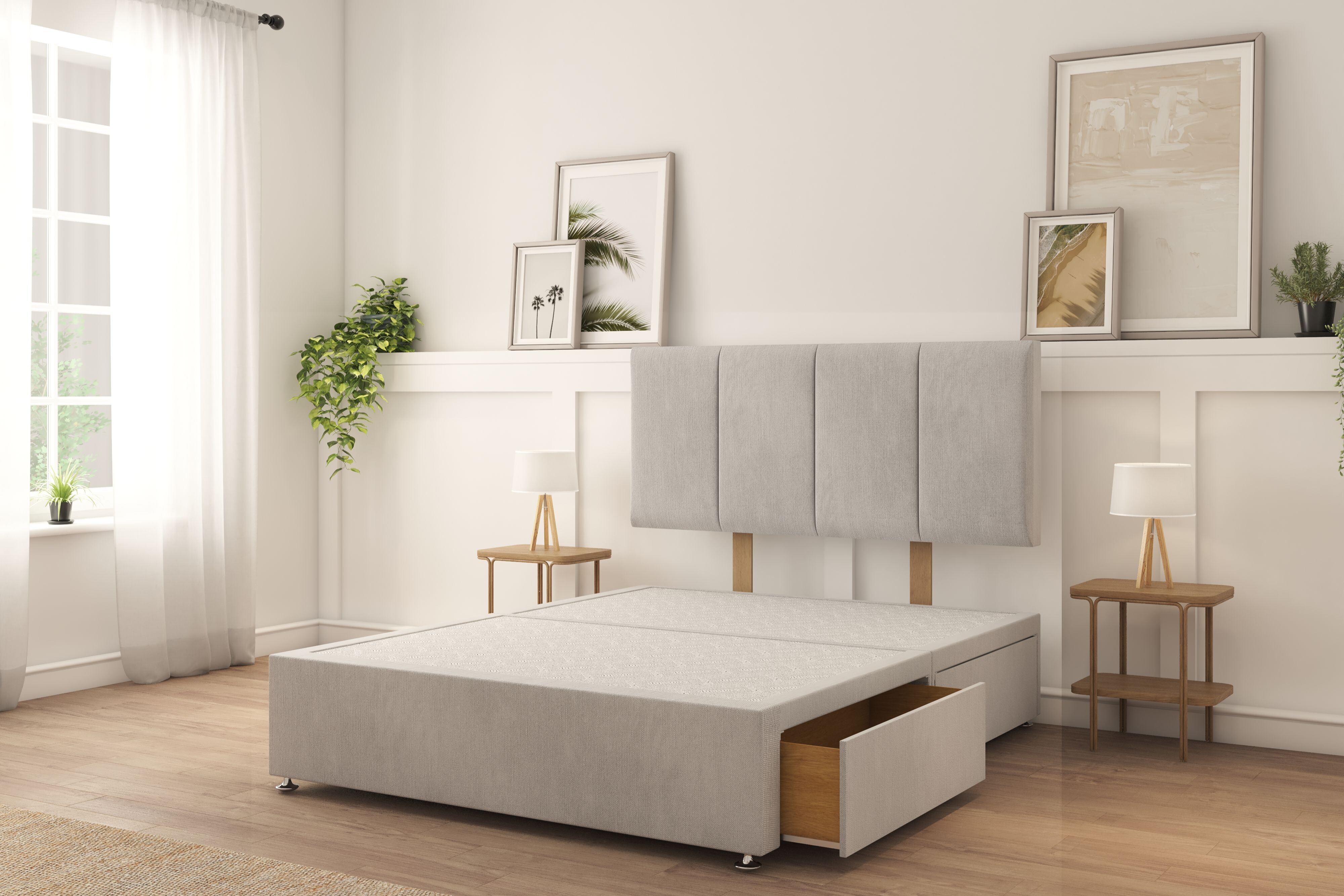Sloomy Lancaster Silver Naples Divan Bed Base 2 Drawers Same Side With 26" Strutted Headboard 4'6 Double