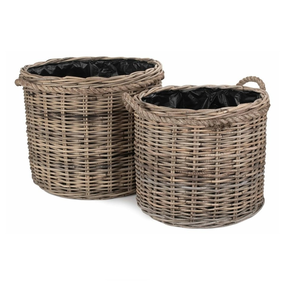image 1 of Set of 2 Rope Handled Rattan Round Planter with Plastic Lining