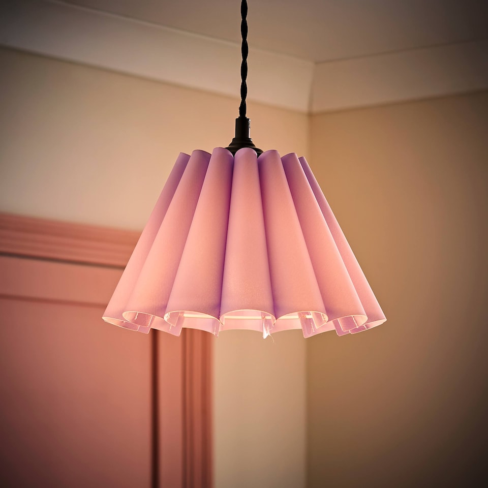 image 1 of ValueLights Lauren Lilac Fabric Pleated Scallop Edge Tapered Ceiling Floor Table Lamp Shade