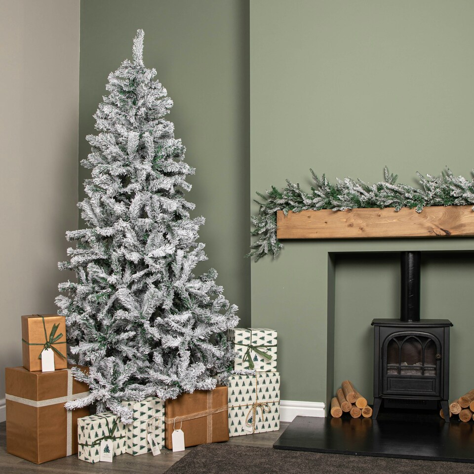 image 1 of 7ft (2.1m) Snow Flocked Artificial Christmas Tree with Green Metal Stand and 655 Tips