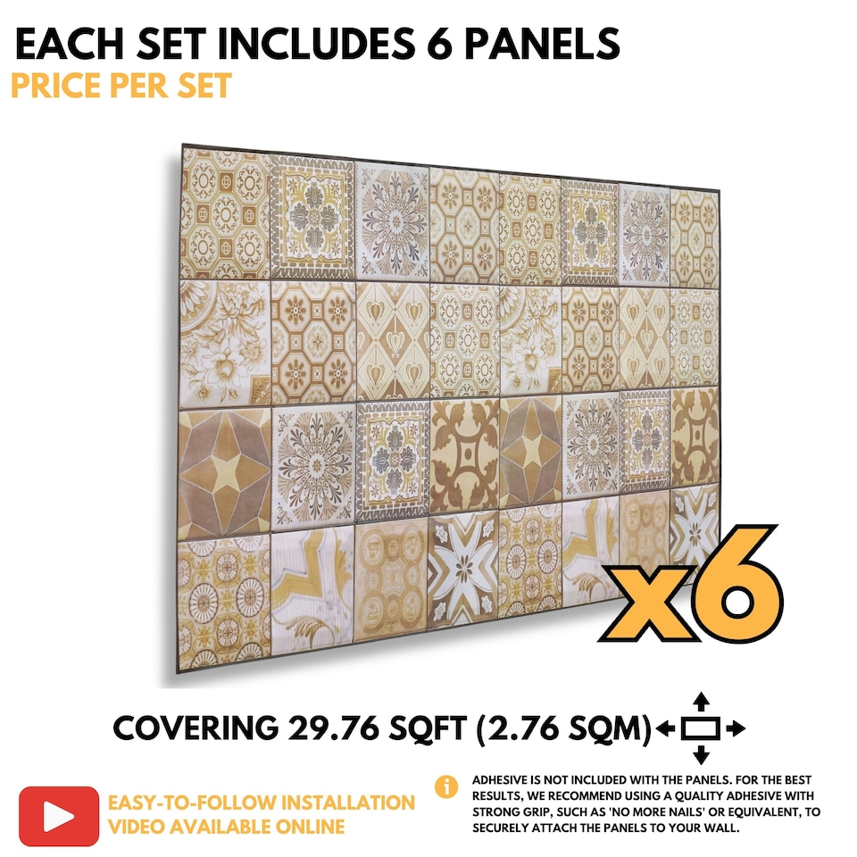 image 1 of NOVECRAFTO 3D Mediterranean Wall Panels – 6 PVC Sheets, Covers 2.76 sqm (29.76 sq ft), 96x48cm Each – Brown & Beige Tile Pattern Decorative Cladding