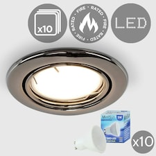 ValueLights Pack of 10 Fire Rated Black Chrome Tiltable GU10 Recessed Ceiling Downlights 5w LED Bulbs 3000K Warm White