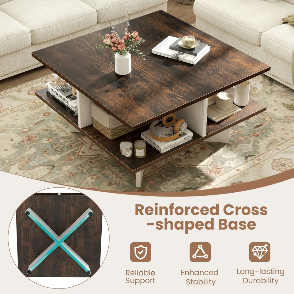image 1 of COSTWAY 2-Tier Square Coffee Table 60cm Center Table Brown