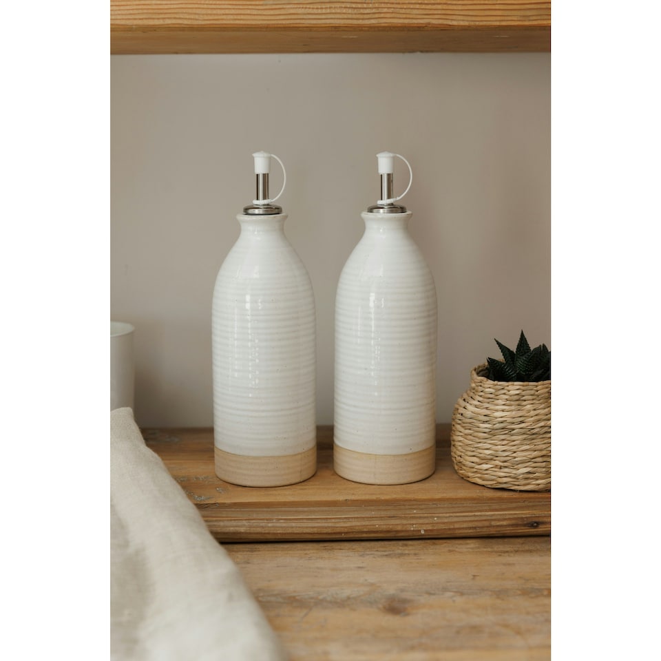 image 1 of KitchenCraft Oil Vinegar Bottles Cream Stoneware 450ml Set of 2