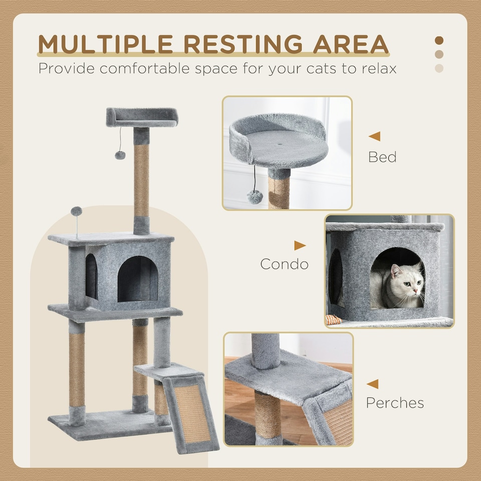 image 1 of PawHut Cat Tree 142cm Activity Center with Jute Scratching Post Condo, Grey