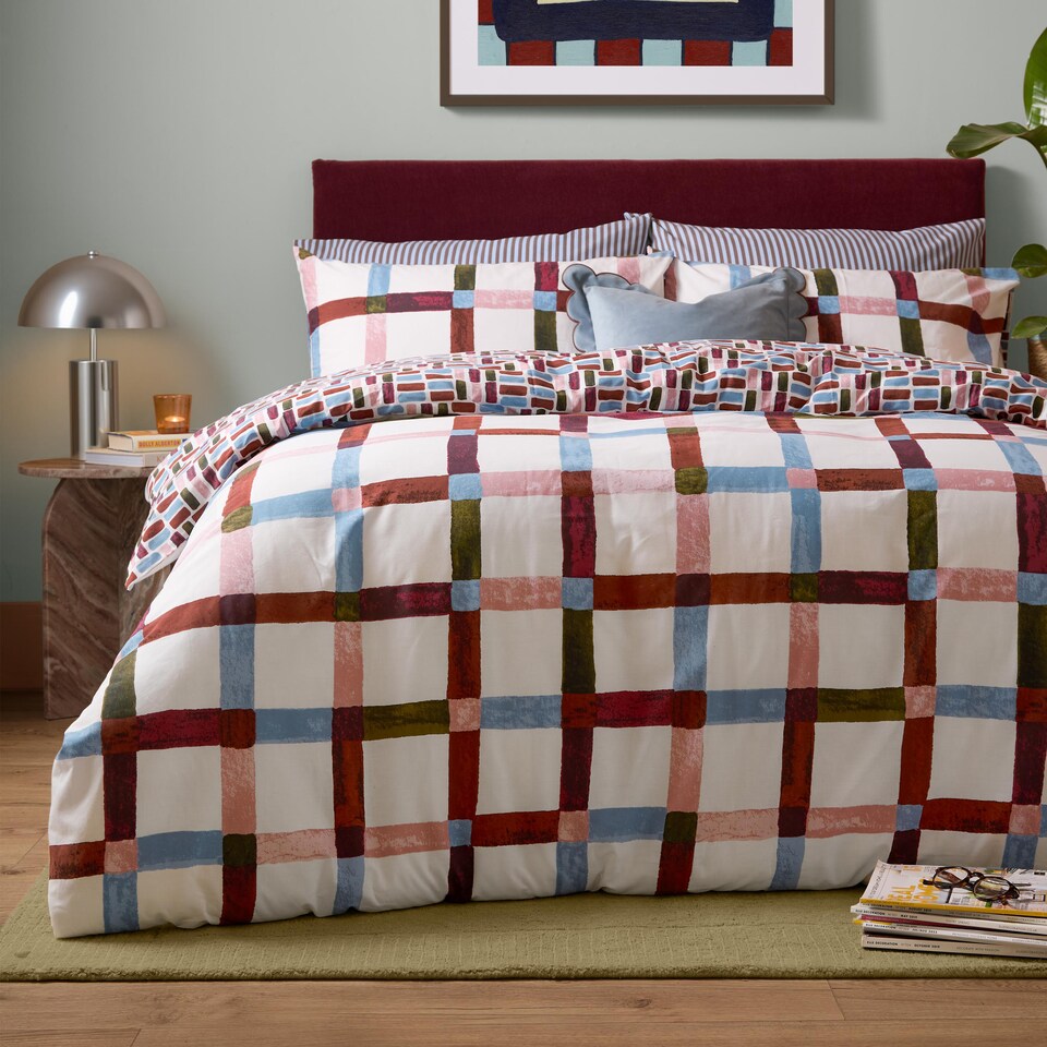 image 1 of Furn Selvan Reversible Printed Duvet Cover Set, Oatmilk & Burgundy