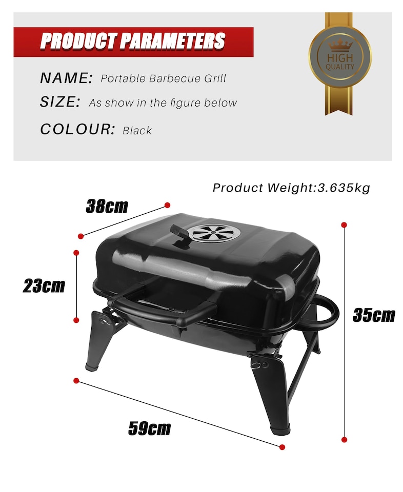 image 1 of Alivio Portable Charcoal Grill with Lid - Folding Compact Tabletop BBQ for Camping, Picnic, Patio & Outdoor Cooking, Adjustable Vent | Black