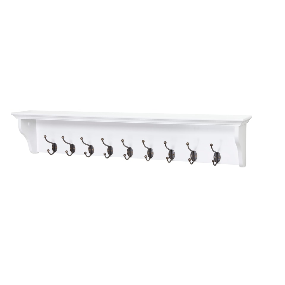 image 1 of Richmond White Wooden Wall Mounted Coat Rack - 9 Hooks, Shelf, Hallway, Bathroom | White