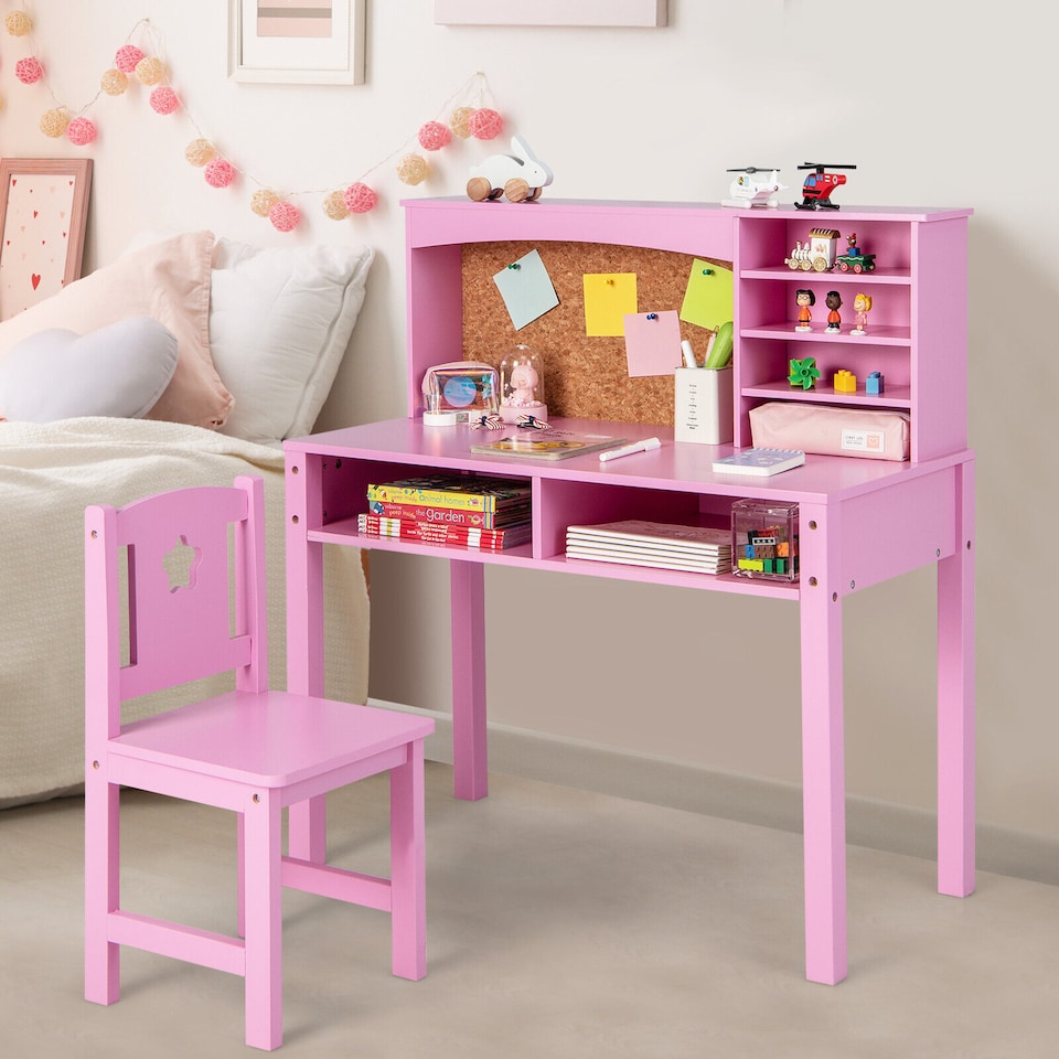 image 1 of COSTWAY Kids Desk and Chair Set Wooden Children Learning writing Table-Pink