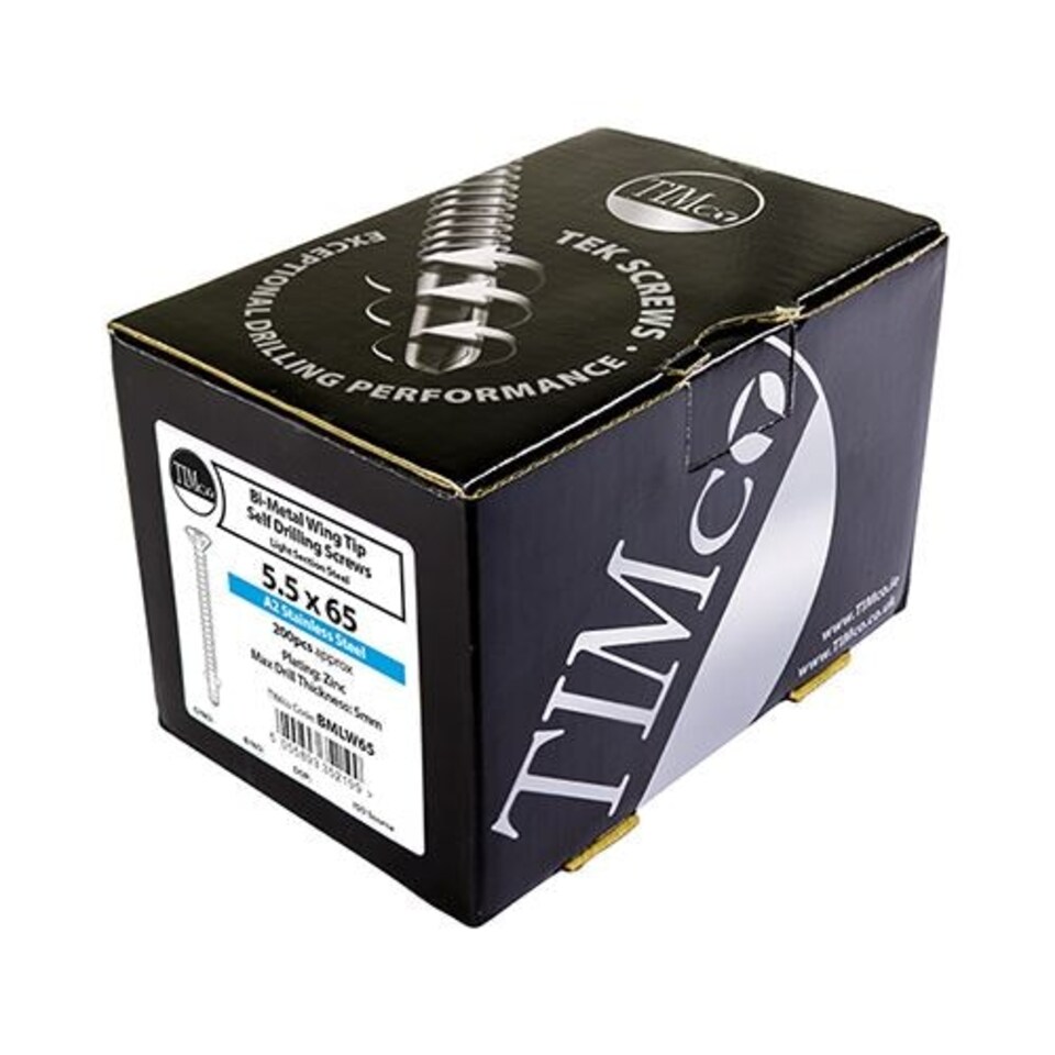 image 1 of Timco - Metal Construction Timber to Light Section Screws - Countersunk - Wing-Tip - Self-Drilling - Bi-Metal - Exterior - Silver (Size 5.5 x 85 - 100 Pieces)