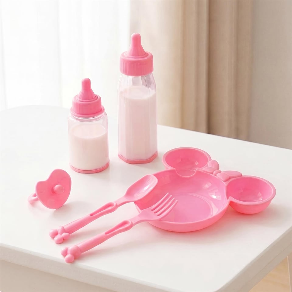 image 1 of BiBi Doll Feeding Set 6 Pc Baby Doll Accessory Playset Pink Plate Utensils