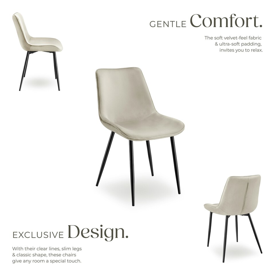 image 1 of Dining Chair Monroe - padded, velvet look, ergonomic seat, black steel legs - Set of 4 Cream
