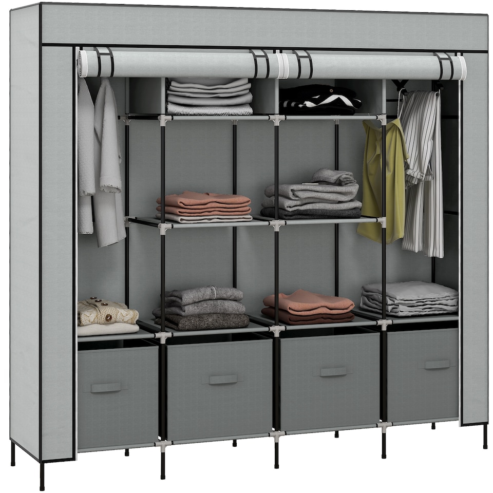image 1 of HOMCOM Fabric Wardrobe for Bedroom, Portable Cloth Wardrobe with 10 Compartments, 2 Hanging Rails and 4 Fabric Drawers, 166 x 42.5 x 169.5cm, Dark Grey | Grey | Dark Grey