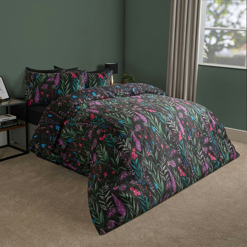 image 1 of OHS Botanical Floral Duvet Cover and Pillowcase Bedding Set, Single - Black