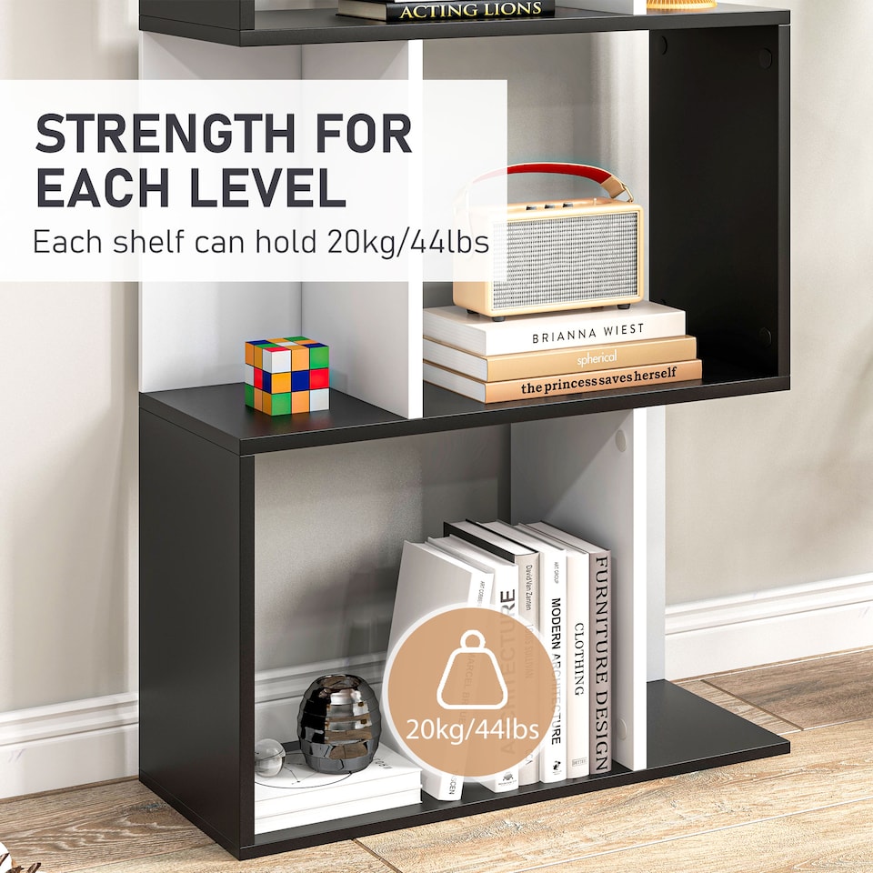 image 1 of HOMCOM Bookcase, S-Shaped Wooden Bookshelf, 5 6 Tiers Freestanding Storage Shelf, Home Office Decorative Display Stand Rack, Black and White, 24D x 60W x 184.5H