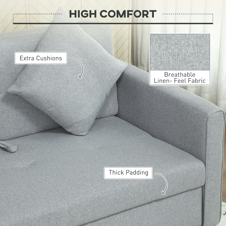 image 1 of HOMCOM 2 Seater Sofa Bed Convertible Bed Settee w/ 2 Cushions Light Grey 