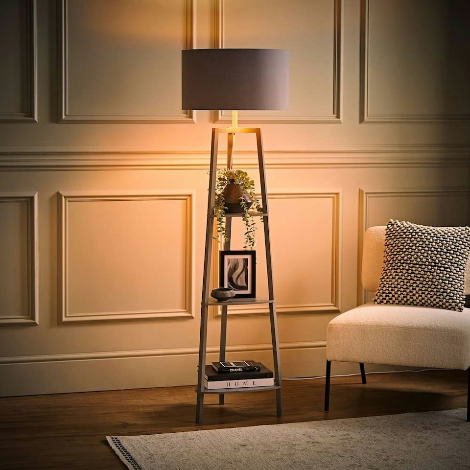 image 1 of ValueLights Hiru Grey 3 Tier Shelf Floor Lamp Grey Copper Shade | Grey