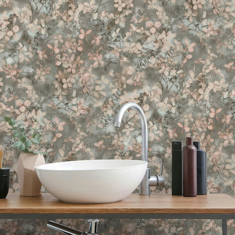 image 1 of Erismann Play Of Light Blossom Vinyl Textured Wallpaper - Pink/Sage Green - 10m x 53cm Pink