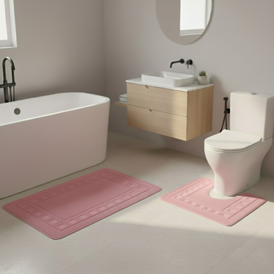 image 1 of 2 Piece Box Design Bath Mat Set Soft Absorbent Non-Slip Bathroom Mats | Pink