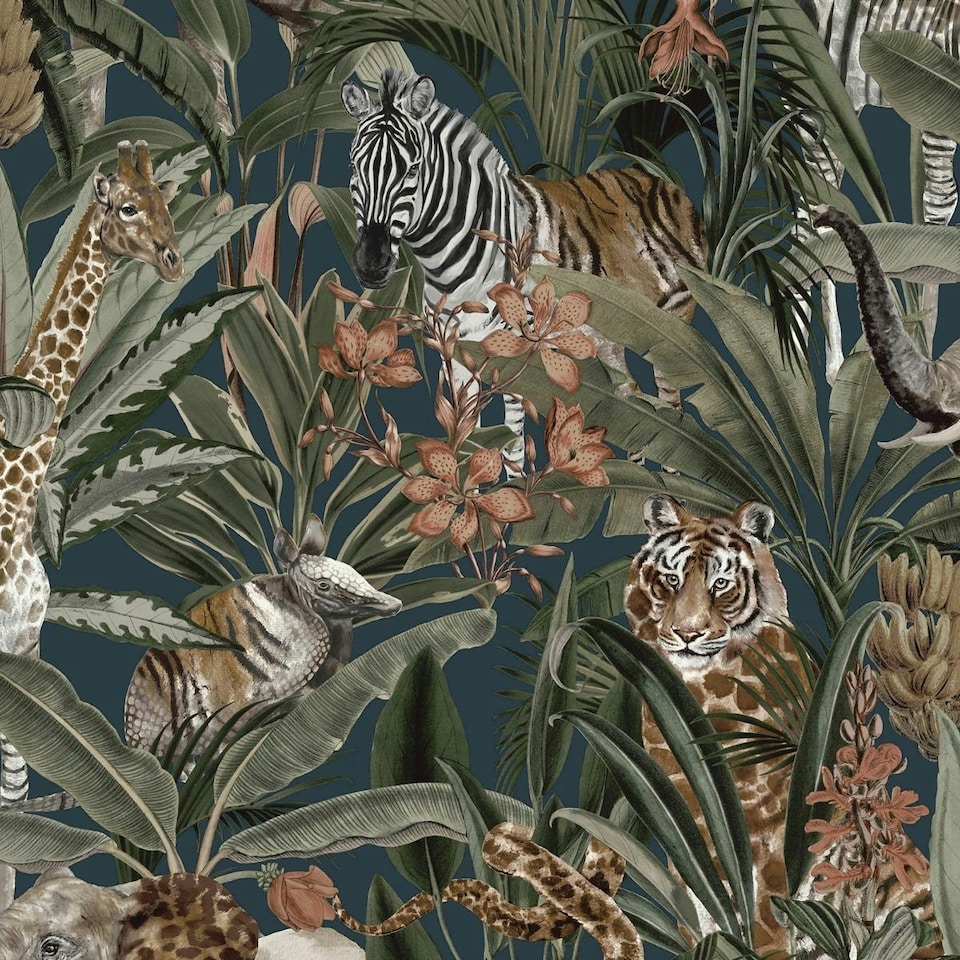 Holden Décor Safari Fusion Animals Wallpaper - Navy - 10m x 53cm | Blue
