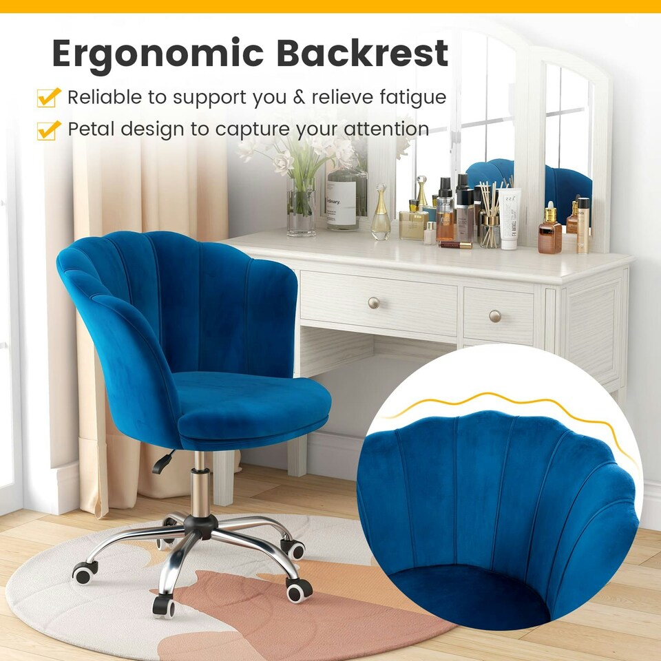 image 1 of COSTWAY Adjustable Upholstered Velvet Armchair w/Wheels Blue Blue