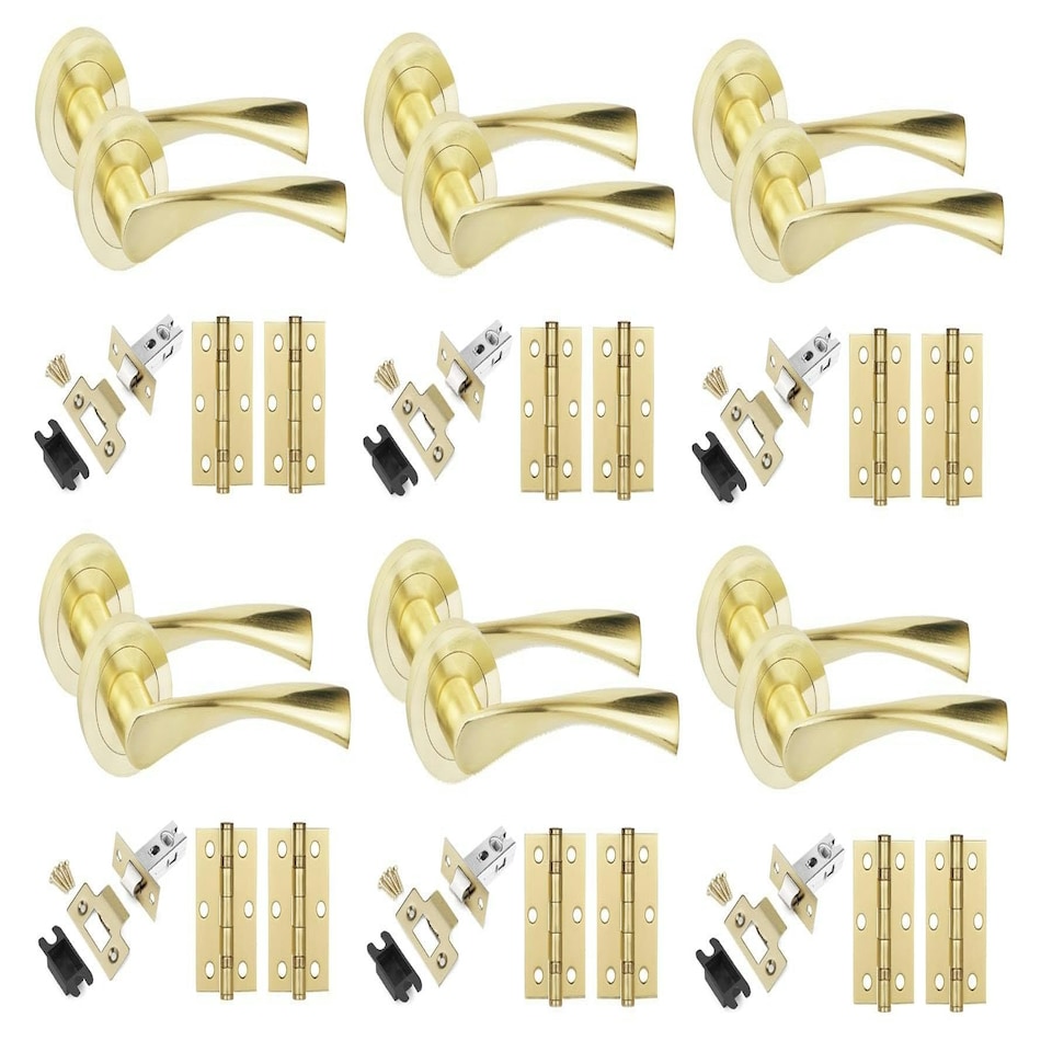 image 1 of Golden Grace 6 Sets Astrid Design Door Handles in Satin Brass Finish with Tubular Latch and 1 Pair of 3" Ball Bearing Hinges | Gold | 6 Set