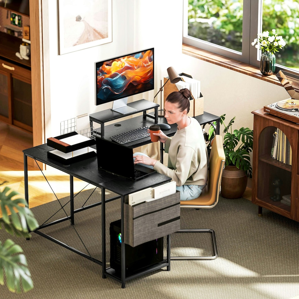 image 1 of HOMCOM 168cm Reversible L Shaped Desk, 240cm Two Person Desk, Black 