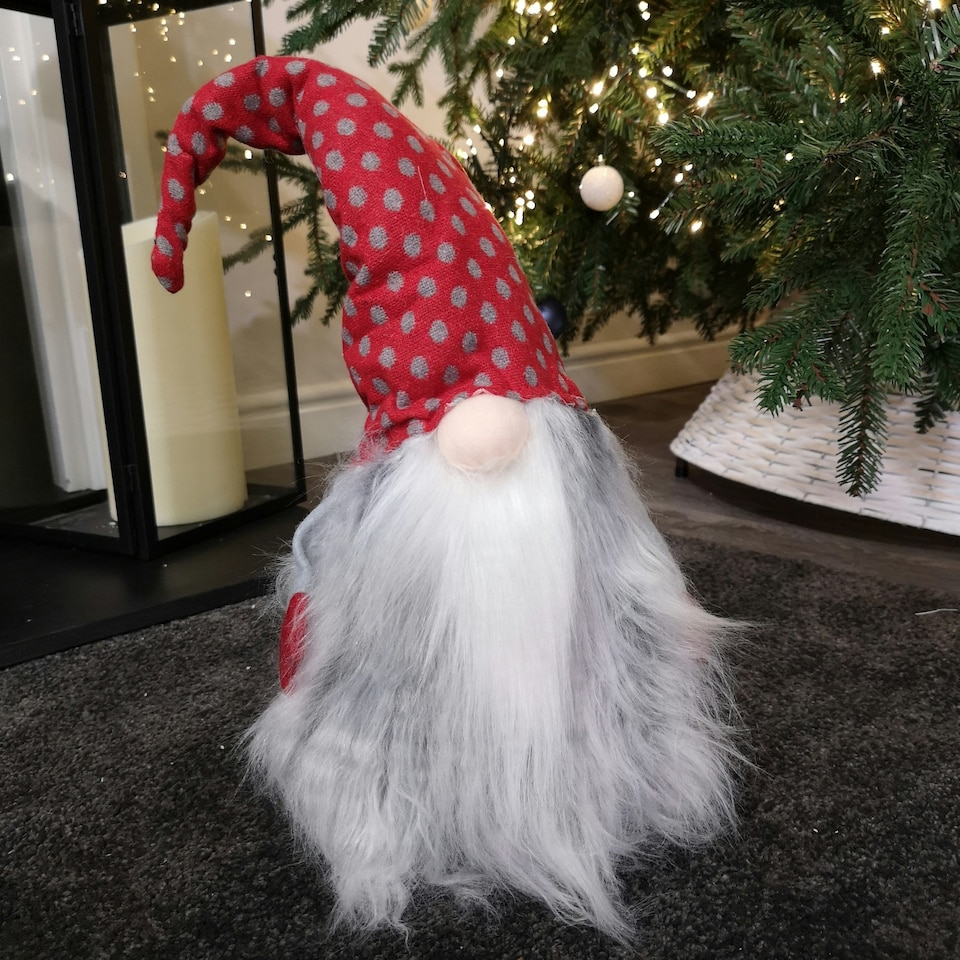 image 1 of Large Festive 52cm Cuddly Gonk Indoor Christmas Decoration - Red Hat Grey Spots