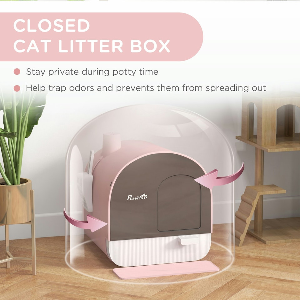 image 1 of PawHut Cat Litter Box Kitten Litter Tray w/ Lid, Scoop, Filter, Flap Door, Pink