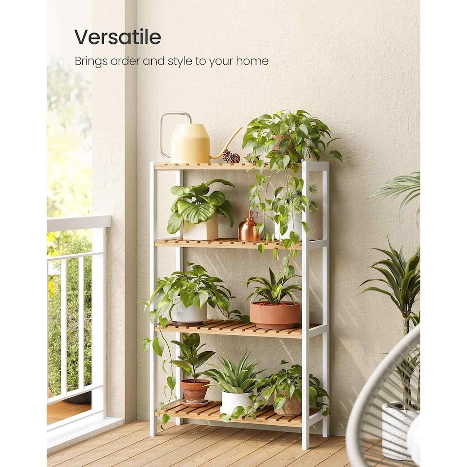 image 1 of 4 Tier Bamboo Storage Shelf, Freestanding Shelving Unit for Bathroom, Kitchen, Hallway or Living Room, White and Natural