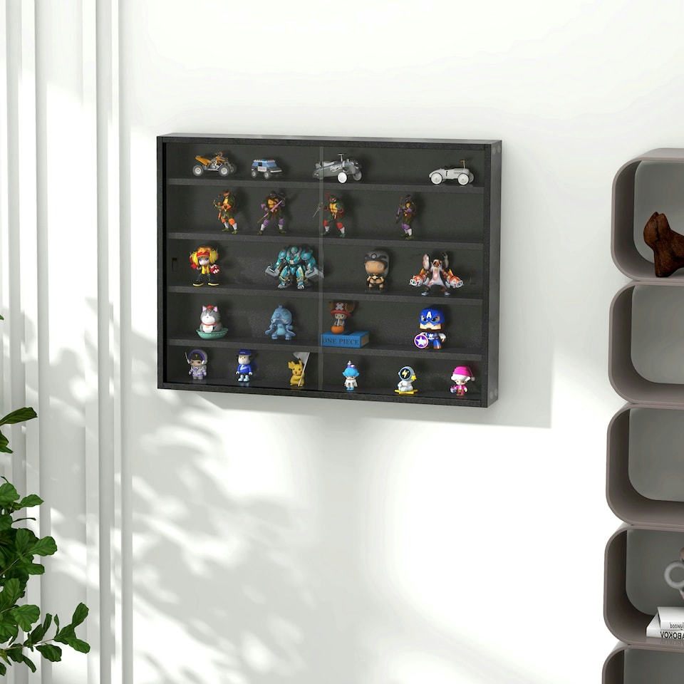 image 1 of HOMCOM 5-Tier Wall Display Shelf Unit Cabinet w/ Shelves Glass Doors Black