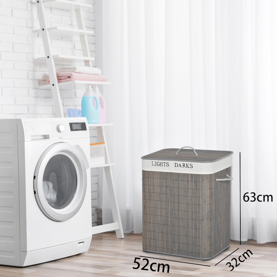 image 1 of HOMCOM 2 Section Collapsible Laundry Hamper Lid Removable Lining, Grey