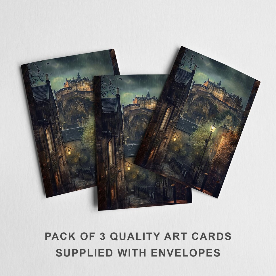 image 1 of Edinburgh Castle Night Greeting Card Scotland Rain Any Occasion Set of 3 Blank