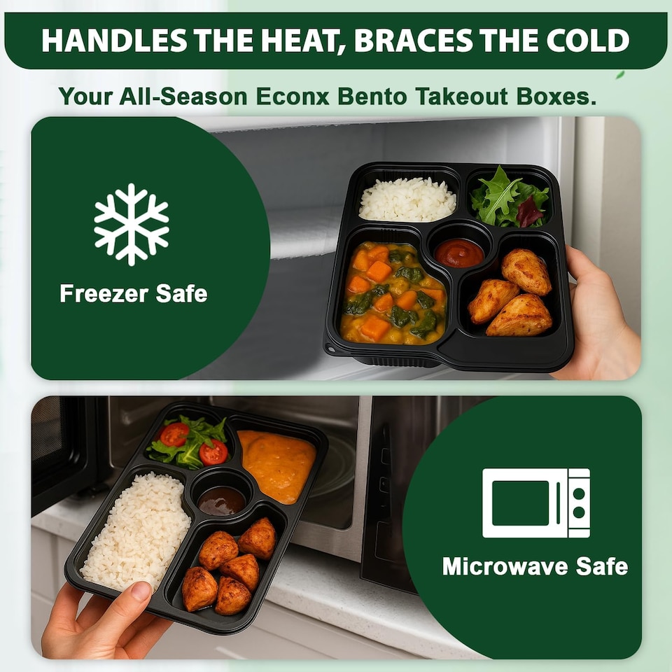 image 1 of 5 Compartment Black Meal Prep Containers With Lid Plastic Microwave Safe Food Storage Box 30pc