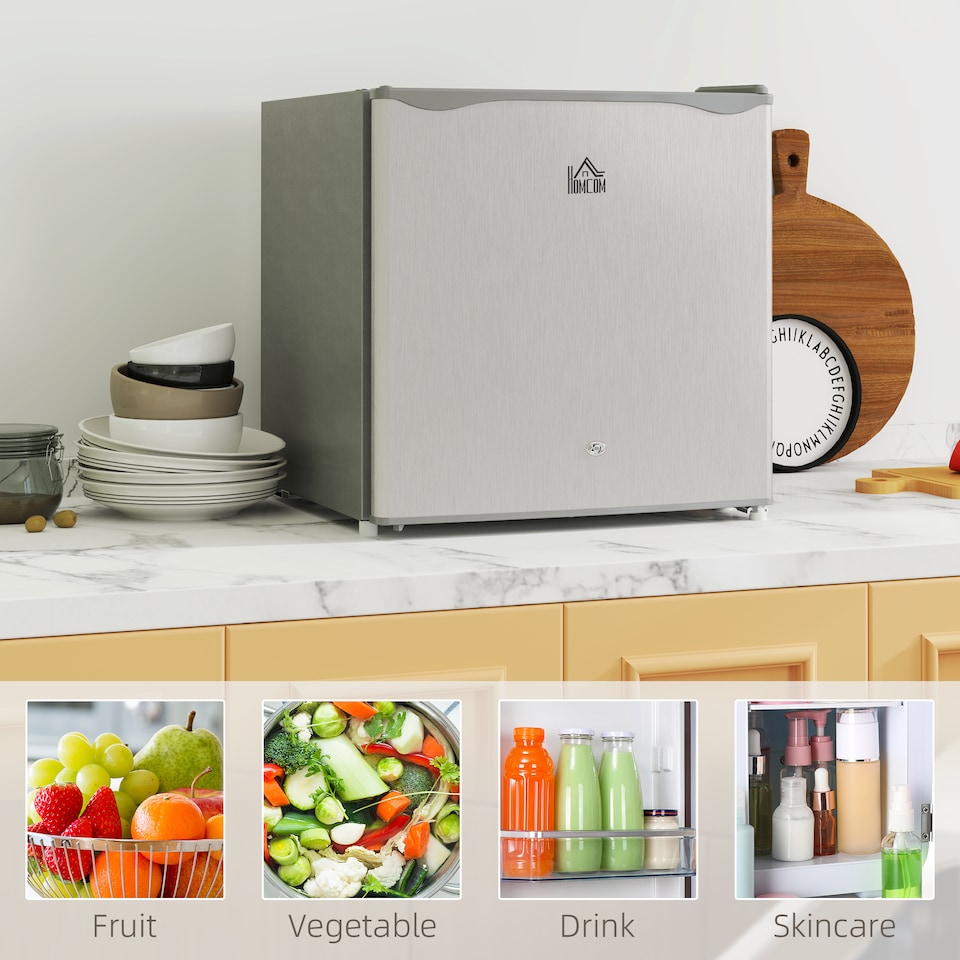 image 1 of HOMCOM 46 Litre Table Top Mini Fridge with Lock, Small Fridge with Ice Box, Reversible Door, Adjustable Temperature and Legs for Bedroom, Home, Office, Grey