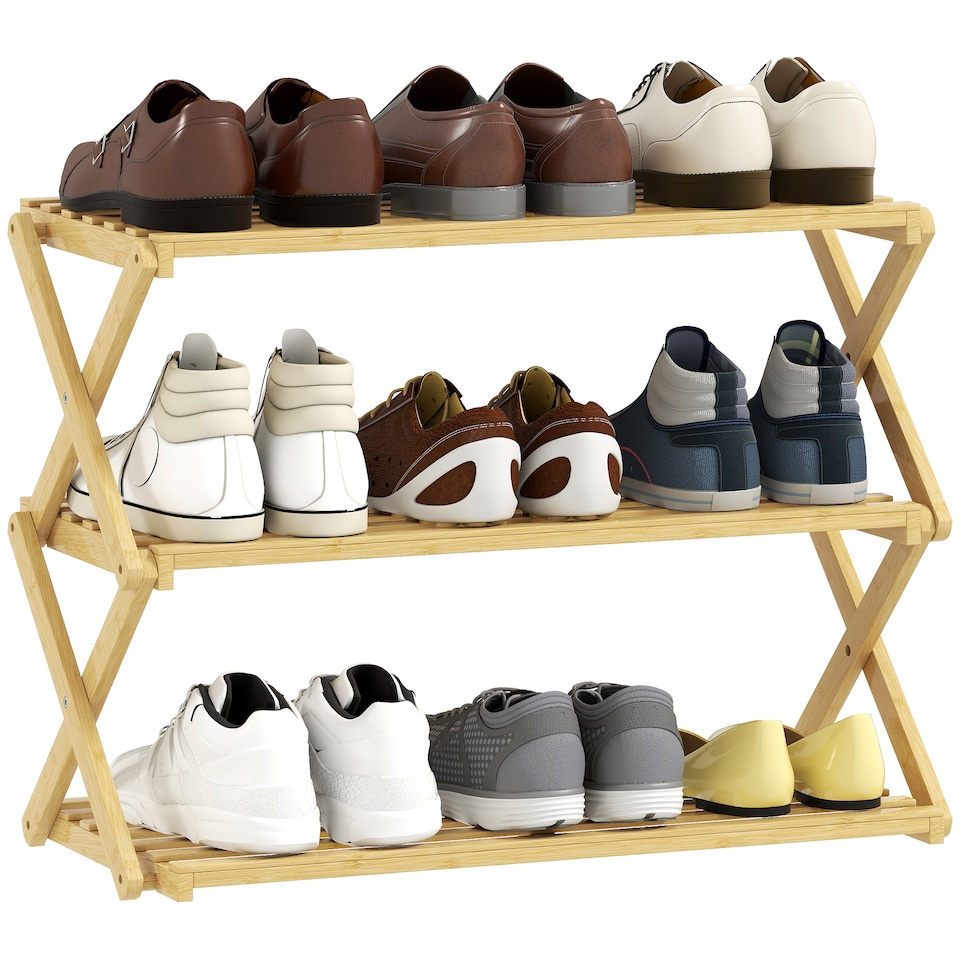image 1 of HOMCOM 3-Tier Bamboo Shoe Rack, Folding Shoe Shelf, No Assembly, Portable Storage Organiser for Entryway, Hallway, Living Room, Small Space, Holds up to 9 Pairs, Natural | Brown | Natural wood finish