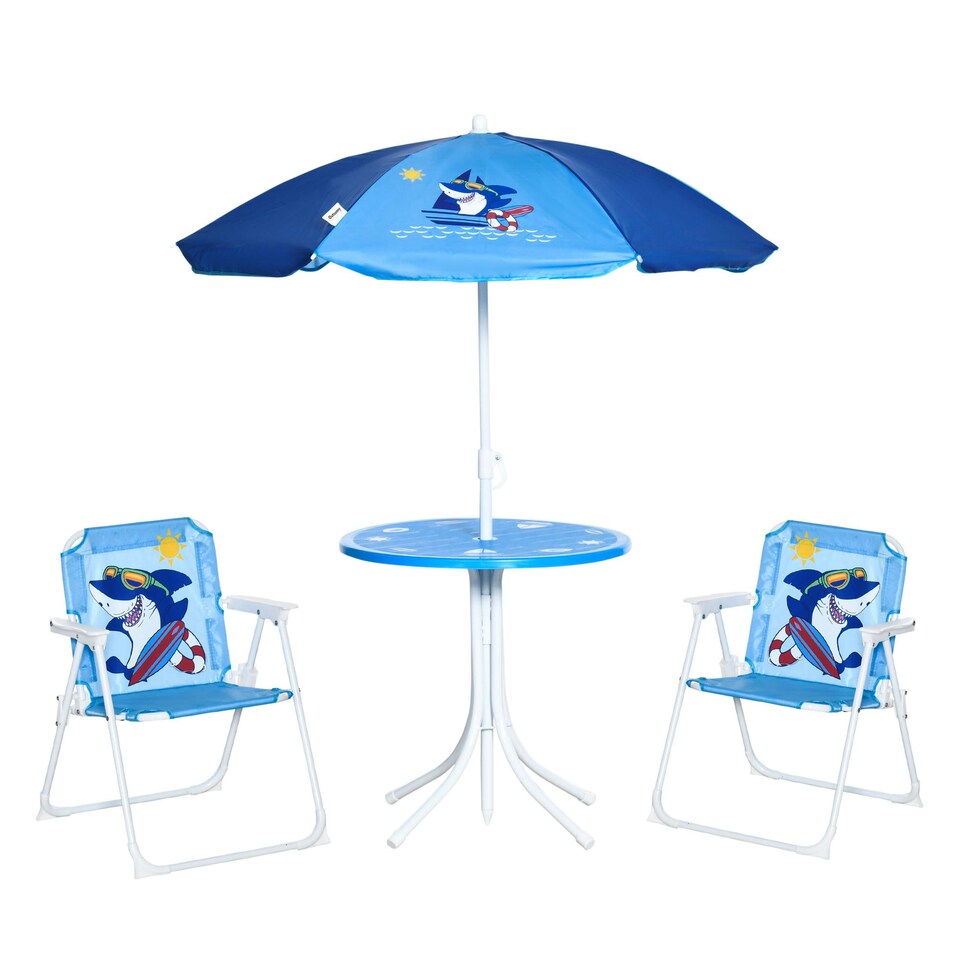 image 1 of Outsunny Kids Foldable Four-Piece Garden Set w/ Table, Chairs, Umbrella - Blue