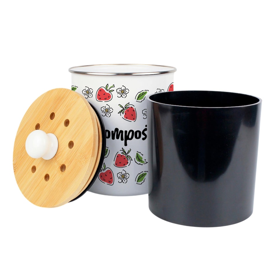 image 1 of Strawberry Flowers Compost Caddy - Metal 2L Decorative Kitchen Food Waste Bin